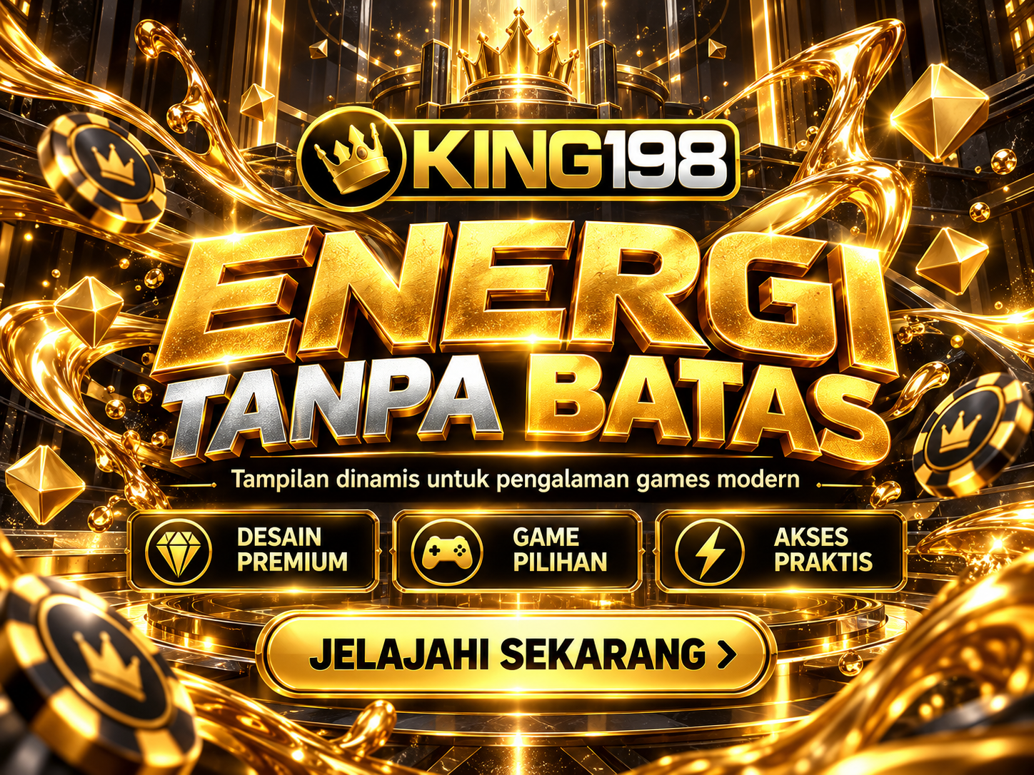 Banner KING198 seni abstrak dengan aliran emas cair tiga dimensi dan latar hitam pekat.
